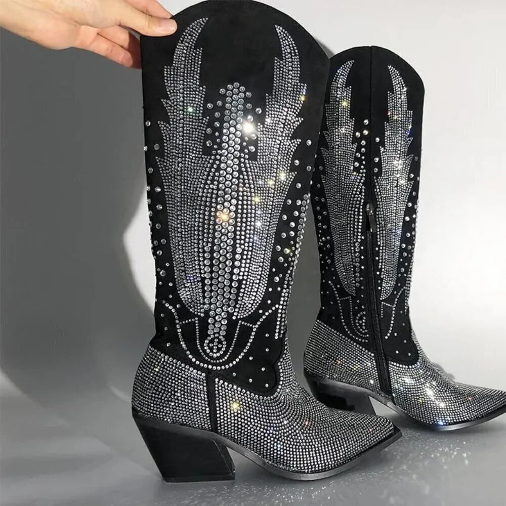 Women Polyurethane Black Knee High Pointed Toe Chunky Heel Rhinestone Boot